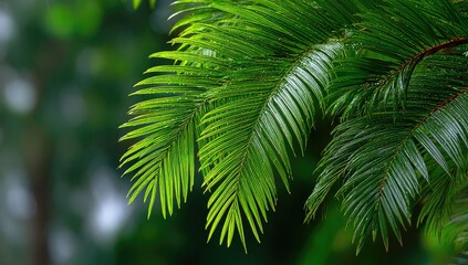 Fototapeta premium Lush, vibrant green palm fronds glistening with raindrops, set against a blurred, dark green backdrop
