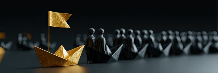 A gold origami boat with flag leads a line of black boats carrying miniature figures, symbolizing leadership and innovation