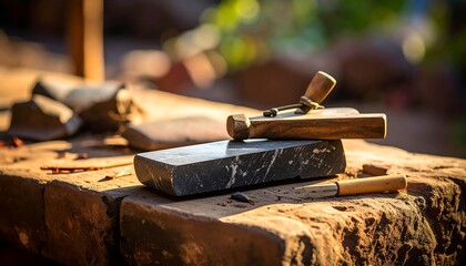 A close-up view of traditional tools and materials for stone carving, set on a weathered stone surface, bathed in warm sunlight.