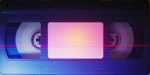 Retro vhs tape glowing with nostalgic pink and purple light reflecting on surfaces