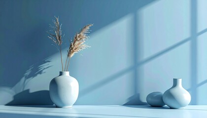 Serene still life with delicate dried reeds in a minimalist vase bathed in soft, dappled sunlight.