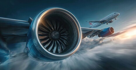 Close-up of a jet engine and a passenger plane soaring above clouds during a vibrant sunset