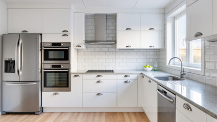 Fototapeta premium Bright Modern Kitchen Interior with Stainless Steel Appliances and White Cabinetry