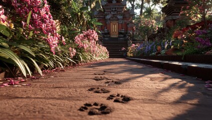 Obraz premium Sunlit pathway leads to Balinese temple, flanked by vibrant flowers, animal tracks imprinted on the earth
