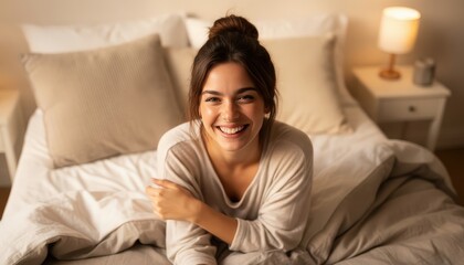 Top view Caucasian Young woman brunette fall on bed rest pleasure happiness smile laughter fun girl bedroom domestic lifestyle carefree lady enjoy positive relaxed lying soft mattress cozy comfortable