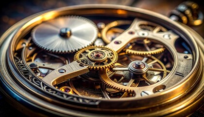 Fototapeta premium Intricate golden clockwork mechanism, a close-up view of precision gears and springs in motion.