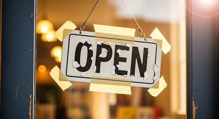 Vintage open sign taped to a glass door, inviting customers inside