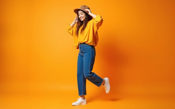 Vibrant woman dancing in casual clothing in a colourful studio with orange background. High quality - Powered by Adobe