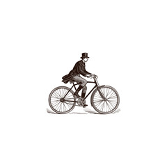 Obraz premium Classic vintage engraving style illustration featuring a well-dressed Victorian gentleman in a top hat and coat riding a bicycle