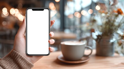 Embracing tech life Woman holding a smartphone with a blank screen while enjoying cappuccino in a softly lit cafe with