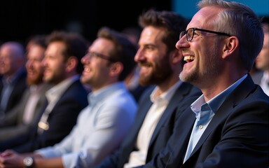Business crowd laughing during a presentation at a conference. High quality
