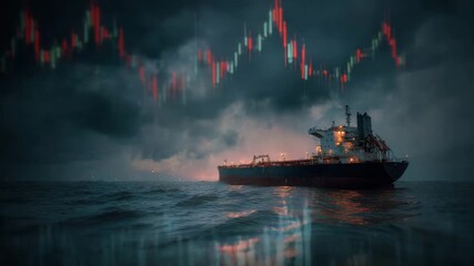 Oil tanker cargo ship at sea ocean waves with stock market financial graph overlay night dark moody atmosphere glowing lights creating dramatic intense scene and dark clouds - Powered by Adobe