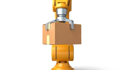 Industrial robot arm holding a cardboard box for automated delivery