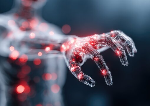Translucent robotic hand reaching forward, glowing red nodes highlight joints and internal structure against a dark background