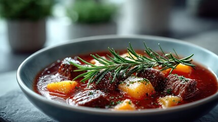 Close Up of Beef Stew in Light Blue Bowl with Rosemary Garnishment and Golden Potatoes on Gray Table