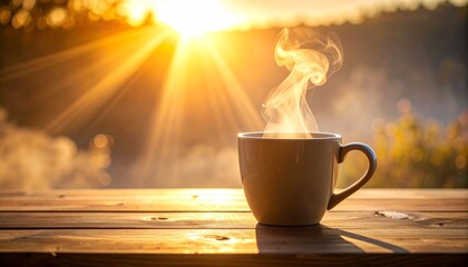Warm steaming cup of coffee on a rustic wooden table bathed in golden morning sunlight.