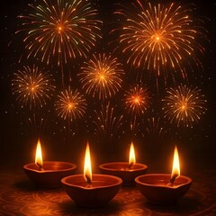 Diwali background glowing diyas and fireworks.