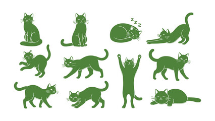 Green Cats in Diverse Poses: A graphic set featuring a collection of sleek green cats, each captured in a unique posture, offering versatility for various design projects.
