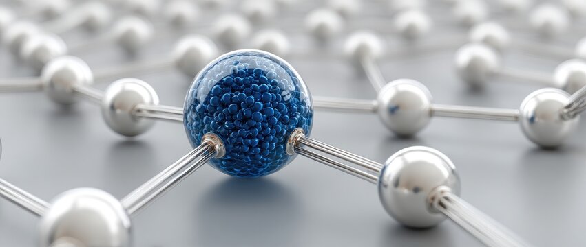 Central blue sphere encased in glass, connected to a network of silver spheres via metallic rods on a neutral grey background