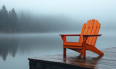 An orange Adirondack chair sits on a wooden dock overlooking a misty lake