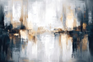 Abstract painting, horizontal, with gray, white, and gold tones.  Brushstrokes create layered textures