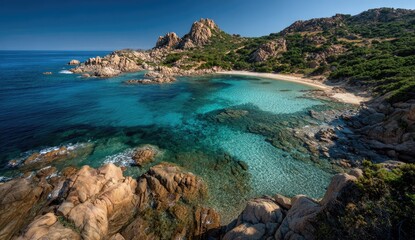 Fototapeta premium Coastal landscape, turquoise bay, rocky shoreline, sunny day