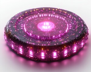 Futuristic, glowing disc-shaped object, emitting vibrant light