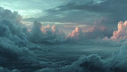 A breathtaking panoramic view of a vast, ethereal cloudscape at sunset, with distant city lights faintly visible below