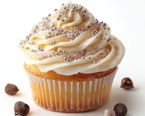 A single, decorated cupcake on a white background
