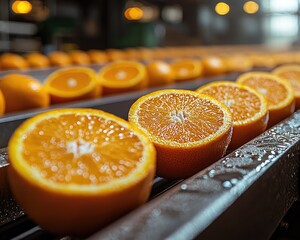 Sliced oranges on a conveyor belt in a food processing facility.  Bright, citrusy