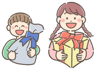 プレゼントを持った子供たちのイラスト