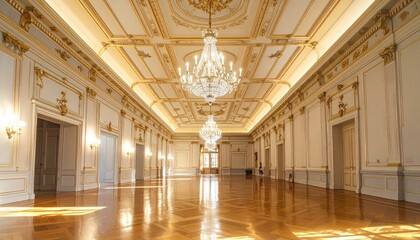 Grand opulent ballroom with ornate chandeliers and gilded details, perfect for elegant events.