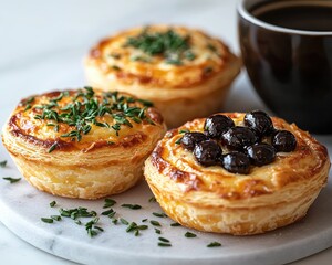 Three mini savory tarts, coffee cup