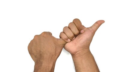 two hands, the right hand raises the thumb, the thumb of the left hand is held by the right hand...