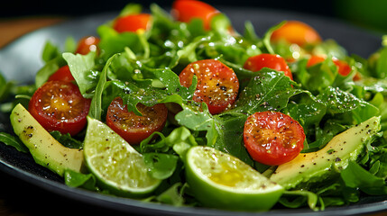 Fresh Green Salad with Avocado, Cherry Tomatoes, and Lime