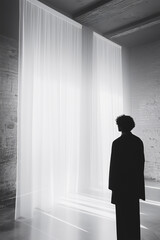 Fototapeta premium Silhouette of man with tall window drapes and soft light
