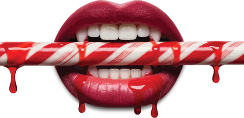 Closeup of vampire lips with red lipstick biting a candy cane with blood dripping, , a spooky and sweet treat