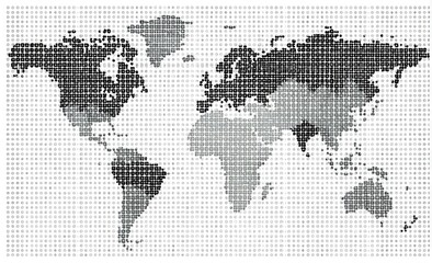 A grayscale stippled world map showing varying densities of dots across continents