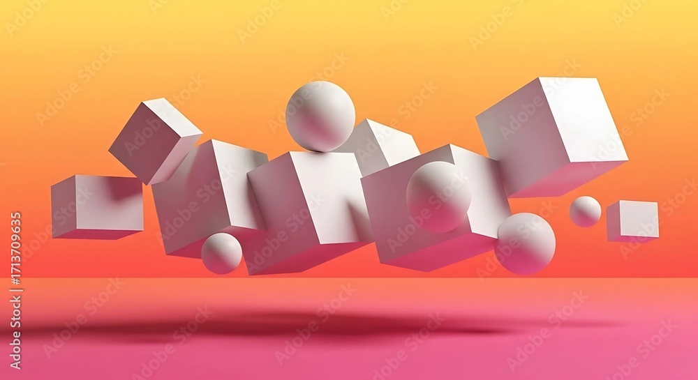 Poster abstract composition of cubes and spheres on gradient back