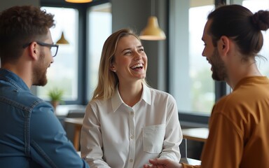 Joyful team in an office setting networking and smiling during a casual meeting. High quality