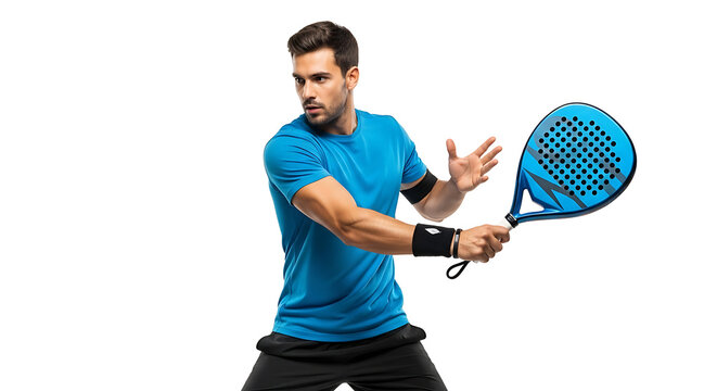 Man playing padel sport isolated on white background