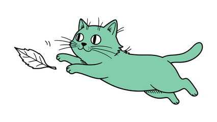 Playful Teal Cat Chasing a Leaf: A charming cartoon illustration of a teal cat in mid-air, happily pursuing a falling leaf, capturing the spirit of fun and carefree adventure.