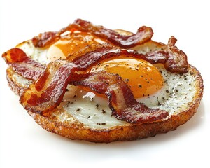 Crispy fried eggs with bacon on a toasted slice