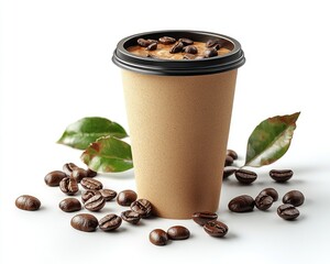 A disposable coffee cup filled with coffee, surrounded by coffee beans and leaves