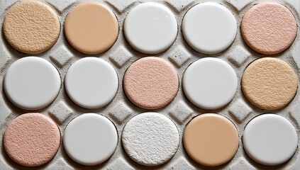 Close-up of a sheet of round, pastel-toned ceramic tiles in beige, peach, and white, arranged in a grid pattern on a gray backing