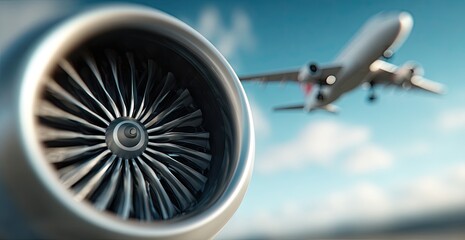 Close-up of a jet engine with a passenger plane taking off in the background against a partly cloudy sky