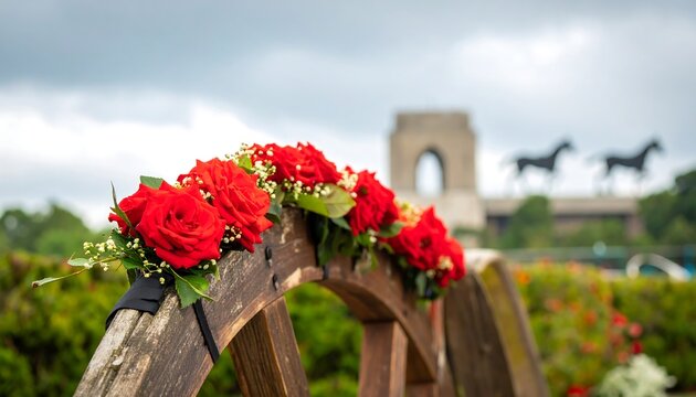 Red roses adorn a weathered wooden wheel archway