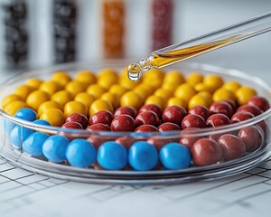 Colorful candy spheres in a petri dish, a dropper dispensing liquid