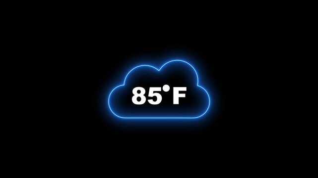 Blue Neon Cloud Icon Displaying 85 Degrees Fahrenheit Temperature on Black Background weather
