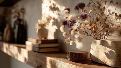 Sunlit rustic shelf displays dried flowers in a carved stone vase, books, and other decor, casting shadows on a textured wall